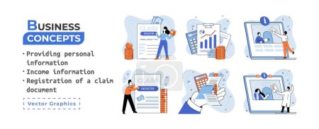 Ilustración de Registration of claim form register document, providing personal information, income information vector set. Employer form, earnings statement documents. Tax, financial and accounting reporting - Imagen libre de derechos