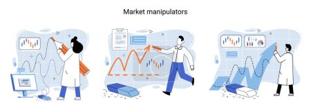 Ilustración de Stock market manipulation concepts set, change business graph indicator, influence crypto currency price for benefit or profit. Character analyzing stock market data to control financial graphic chart - Imagen libre de derechos