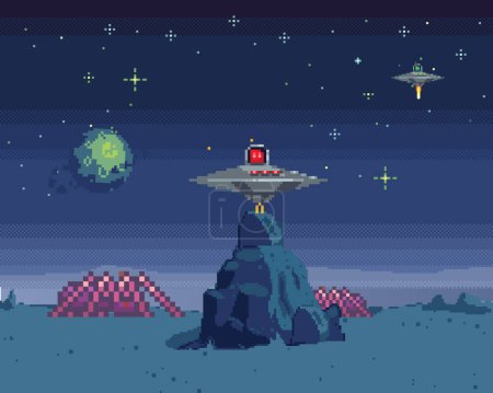Téléchargez les illustrations : Cosmic scene in pixel art. Pixelated location for game or application. Background of space and spaceship. Fantastic landscape with objects, UFO and stars. 8 bit video game. Galactic videogame area - en licence libre de droit