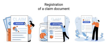 Illustration for Registration of claim form register document, providing personal information, income information vector set. Tax filing, employer form, earnings statement documents, online software abstract metaphor - Royalty Free Image