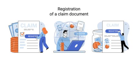 Illustration for Registration of claim form register document, providing personal information, income information vector set. Tax filing, employer form, earnings statement documents, online software abstract metaphor - Royalty Free Image