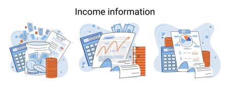Photo for Income information vector set, business profitability indicator, entrepreneurial activity and accounting. Registration of claim form document, providing personal information, financial report for tax - Royalty Free Image