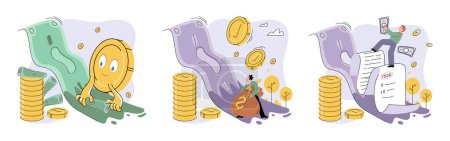 Illustration for Financial audit concepts set. Character calculates and fills taxes from, analyzes public finances, puts tick in document. Economic fall and rise. Person earns and multiplies money. Achieving success - Royalty Free Image