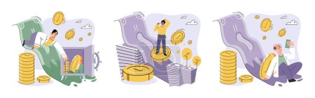 Téléchargez les illustrations : Businessman with coins. Employee or entrepreneur rejoices when money falls from above. Metaphor of financial literacy and passive income, successful investor. Person holding stack of dollar savings - en licence libre de droit