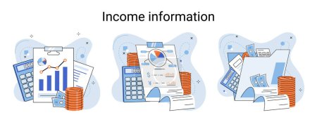 Illustration for Income information vector set, business profitability indicator, entrepreneurial activity and accounting. Registration of claim form document, providing personal information, financial report - Royalty Free Image