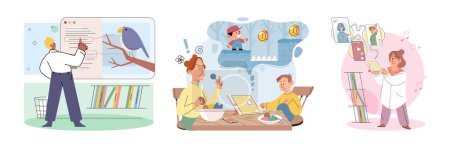 Téléchargez les illustrations : Children at home with phones and tablets set. Kids remote education, toddlers use smart technologies. Kids studying online, surfing social media, playing game, chatting by video call and use internet - en licence libre de droit