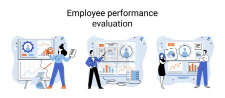 Illustration for Employee performance evoluation, analysis of effectiveness of professional activity, concept of success improvement. Personnel that drives growth of companys income. People plotting, graph, statistic - Royalty Free Image