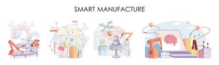 Ilustración de Fabricación inteligente, metáfora de desarrollo de automatización. Innovadora industria inteligente diseño de productos, proceso de fabricación, línea de producción automatizada, entrega y distribución robots industria de maquinaria 4.0 - Imagen libre de derechos