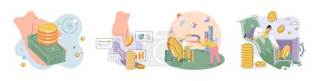 Téléchargez les illustrations : People earn money, financial investment. Male character collect golden coins into safe. Person makes savings, collecting money in account, open bank deposit. Family finance budget economy concept - en licence libre de droit