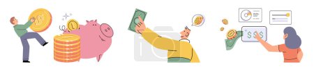 Téléchargez les illustrations : Budget plan concept. Evaluates income and expenses, analyzes investments and savings. Financial literacy and economics, accounting. Planning and distribution of money. Income and expenses report - en licence libre de droit