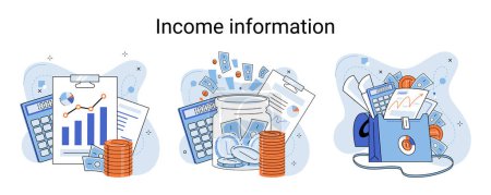Illustration for Income information vector set, business profitability indicator, entrepreneurial activity and accounting. Registration of claim form document, providing personal information, financial report for tax - Royalty Free Image