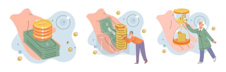Téléchargez les illustrations : Businessman investor with coins. Employee or entrepreneur puts money in piles, calculates profit. Financial literacy and passive income, successful investor. Person stands holding bag of money - en licence libre de droit