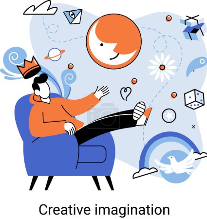 Illustration for Creative imagination. Creativity, genius, new idea concept. Thoughtful person thinking for solution gathering ideas for best decision. Inspired person thinking, dreaming, feeling inspiration - Royalty Free Image
