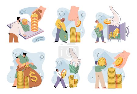 Illustration for Golden coins pile, magnet and money. Financial literacy metaphor for passive income vector set. Rental activity income, upfront investment, accelerate your financial goals, savings accounts - Royalty Free Image