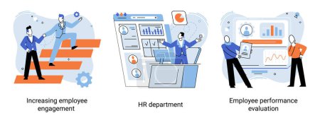 Illustration for HR department work scenes set, qualified employee responsible for formation of human resources in organization. Specialist engaged in selection, adaptation, dismissal, development of personnel - Royalty Free Image