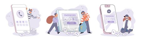 Illustration for Hacker activity. Hacking computer. Phishing account, steal data, cyber attack. Stealing password. Cyber crime, theft personal information, cyber security spy access. Internet fraud scenes set metaphor - Royalty Free Image