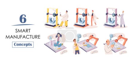 Illustration for Manufacturing process industry. Scientist robot assembling products. Smart manufacture, automation development metaphor. Smart industry product design, automated production, robots and machinery 4.0 - Royalty Free Image