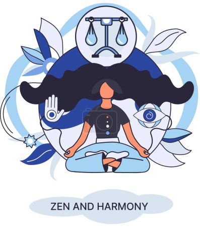 Téléchargez les illustrations : Zen and harmony metaphor, meditation practice. Balance, relaxation, mindfulness. Calm person relaxing. Yoga and spiritual practice, relax, recreation, healthy lifestyle. Japanese cult of mind and body - en licence libre de droit