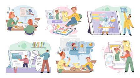 Illustration for Happy little kid using tablet, child watching smartphone while eating at kitchen at home. Irritated mom is nervous that kid is distracted during feeding and spends too much time with gadgets - Royalty Free Image