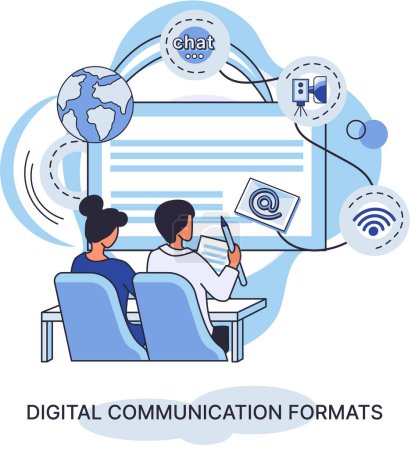 Illustration for Digital communications formats. Woman and man couple chatting, interacting online on webinar. E-learning, students at distance education. Messaging using chat app or social network with computer - Royalty Free Image