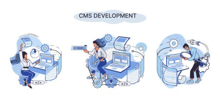 Illustration for Digital content management system, CMS development software metaphor. Information system or computer program enable organize collaborative process of creating, editing and managing soft in network - Royalty Free Image