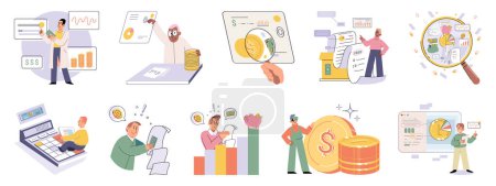 Illustration for Set of people analyzing personal or corporate budget. Concept of finance accounting and calculation of financial income and expenses report. Financial consultant with document for tax computation - Royalty Free Image