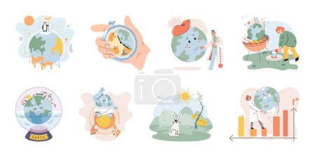Illustration for Global warming concepts set. long-term increase in average temperature of Earths climate system. Environment is changing, state of atmosphere, oceans, ice sheets and surface. Growth of steam gases - Royalty Free Image
