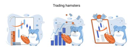 Illustration for Trading hamster, user who does not understand economics and finance, dreams of getting rich on cryptocurrency, novice traders who make wrong decisions due to emotions or panic. Inexperienced investor - Royalty Free Image