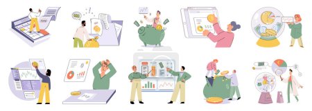 Ilustración de Set of people analyzing personal or corporate budget. Concept of finance accounting and calculation of financial income and expenses report. Financial consultant with document for tax computation - Imagen libre de derechos