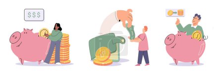 Téléchargez les illustrations : Successful businessman hold piggybank collect dollar coins for good financial investment. Happy person receive profit or income in piggy bank from savings. Invest, finance concept. Personal budget - en licence libre de droit