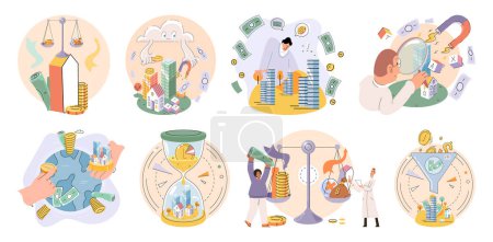 Téléchargez les illustrations : International investment company, money bills and coins fly around world. Global economy financial system vector set. Loan of money made by investor for purpose of earning interest. World cash flows - en licence libre de droit