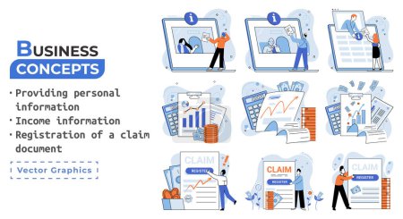 Téléchargez les illustrations : Registration of claim form register document, providing personal information, income information vector set. Employer form, earnings statement documents. Tax, financial and accounting reporting - en licence libre de droit