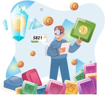 Illustration for Play to earn games created on basis of blockchain project with elements of NFT, main purpose of which is possibility of earning. Player earn money by playing. Virtual character development business - Royalty Free Image