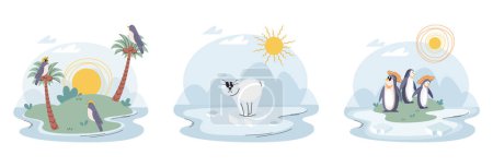 Illustration for Temperature rising and climate change on planet concept. Melting glaciers due to global warming. Animals around planet Earth are suffering from global warming, bright sun strikes animals and nature - Royalty Free Image