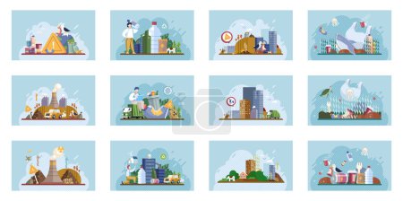 Illustration for Waste and recycle set. Contains concepts trash, plastic, paper, bottle, can dumpster, factory, truck, food, garbage, glass pollution. Metaphor waste pollution. Different types of garbage and waste - Royalty Free Image
