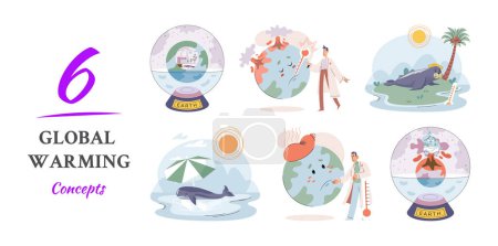 Illustration for Global warming. High temperature hot weather Earth. Climate change Hot melt planet earth. Global warming heating impact. Tiny people. Raising global temperature. People energy use planet. Earth day - Royalty Free Image