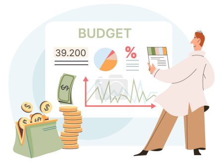 Illustration for Analyzing budget web concept. Man analyzing financial data on graph report and planning personal pays. Auditing and finance management. Capital growth, investment system, business development - Royalty Free Image
