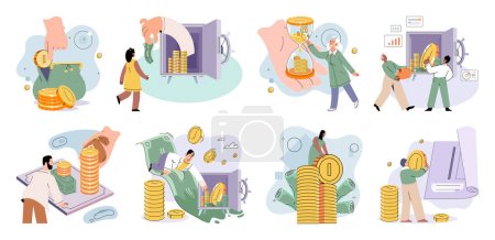 Illustration for International investment company, money bills and coins fly around world. Global economy financial system vector set. Loan of money made by investor for purpose of earning interest. World cash flows - Royalty Free Image