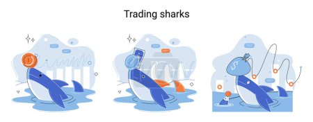 Téléchargez les illustrations : Le requin émerge de l'eau et porte des pièces d'or sur son nez. Jeu de métaphore hamsters et requins. Fausses données pour l'évaluation des entreprises. Investisseur inexpérimenté, mauvais investissement, traders expérimentés - en licence libre de droit