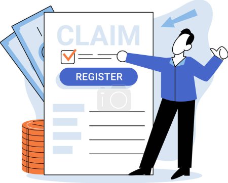 Illustration for Claim form, man filling out checklis, write personal information into document. Application form paper applying for job or registering claim for health insurance. Person answers questions in survey - Royalty Free Image
