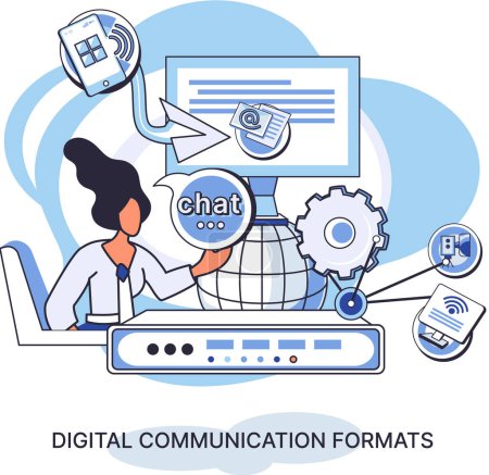 Illustration for Digital communication formats metaphor, content online data and social media streaming. Abstract modern news feed and website connection. Open sourse software unified conversation modern technology - Royalty Free Image