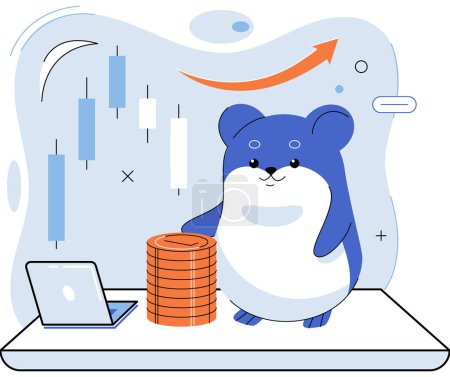 Illustration for Trading hamster, newbie in finance, economics and money, getting rich on cryptocurrency, novice trader who makes wrong decisions. Inexperienced investor, chaotically accumulating assets in portfolio - Royalty Free Image