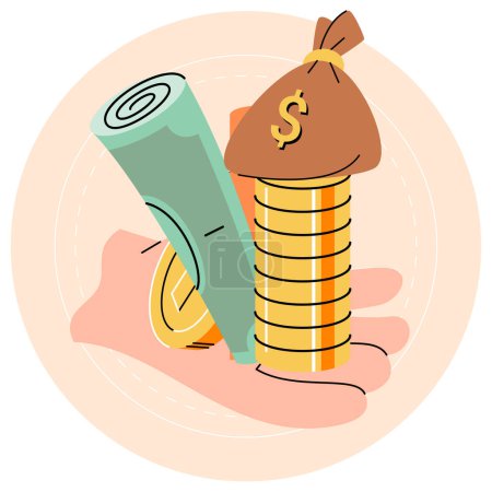 Illustration for Big pile of cash money banknotes, american dollars and gold coins, cents. Currency, depository, bank, wealth, accumulation money. Bank bag. Successful business profitable investment, winning lottery - Royalty Free Image