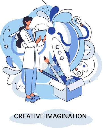 Illustration for Creative imagination and creativity, original thinking. Originative fantasy of designer or artist. Ability to see things in new line and find unusual solutions to problematic problems in creation - Royalty Free Image