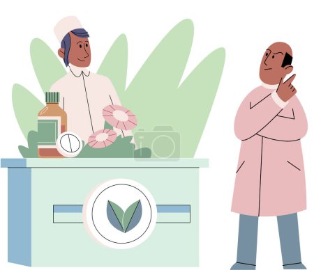 Illustration for Natural herbal medication researches in laboratory. Traditional medicine concept. Scientist doctors characters make medicinal natural remedies of medical plants, preparing homeopathic recipes - Royalty Free Image