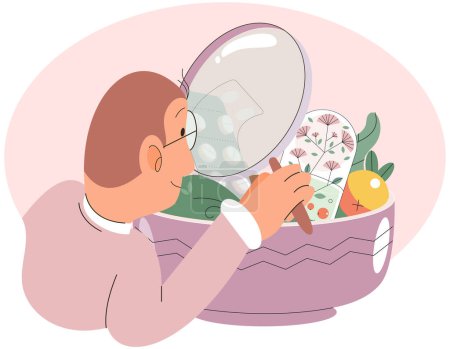 Illustration for Prepare herbal decoction. Man cooks natural remedies looks at components in magnifying glass in bowl with various flowers, green leaves and herbal ingredients Herbal medicine and homeopathy healthcare - Royalty Free Image