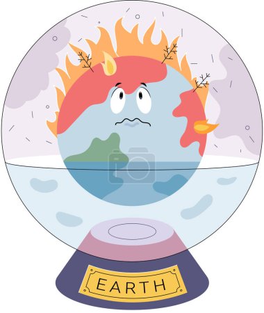 Illustration for Concept of global warming. Sun heating earth atmosphere, Planet is suffering from climate change. Environmental ecology problems, natural disaster, rising temperatures, fires and melting glaciers - Royalty Free Image