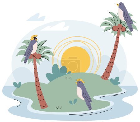 Téléchargez les illustrations : Île tropicale dans l'océan avec des oiseaux exotiques, des plantes et du soleil couchant, morceau de terre avec des palmiers en mer. Paysage naturel décoratif pendant les vacances d'été, vue sur la mer, panorama sur la côte verte - en licence libre de droit
