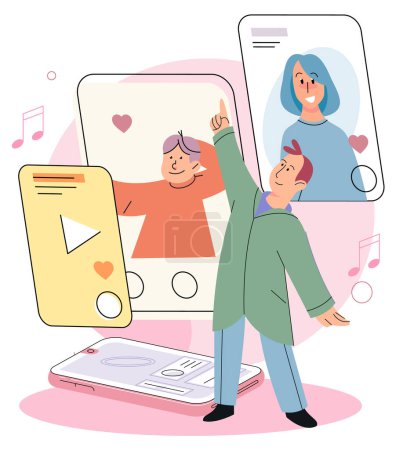 Illustration for Kids who using gadget. Children and parents listen to music on phone. Child and modern technology colorful cartoon characters. Family members watching, listening and playing with electronic devices - Royalty Free Image