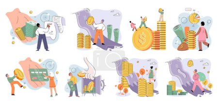 Illustration for Financial plan or budget planning. Yearly expense management, deposits, tax payments. Person analyzes profit weighing earnings on scales, income and expenses money. Banking safety, profit increase - Royalty Free Image